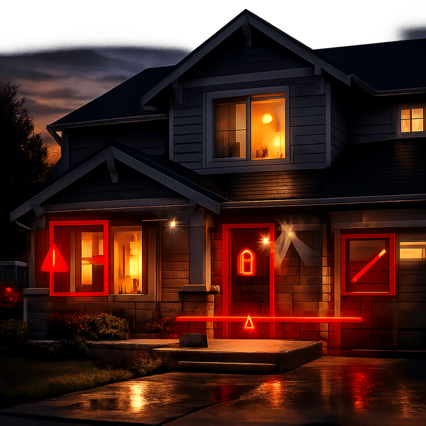 cinematic A peaceful suburban home at dusk with warm interior lights on but faint shadowy areas around doors and windows reveal hidden security weakne cinematic A peaceful suburban home at dusk with warm interior lights on but faint shadowy areas around doors and windows reveal hidden security weakne